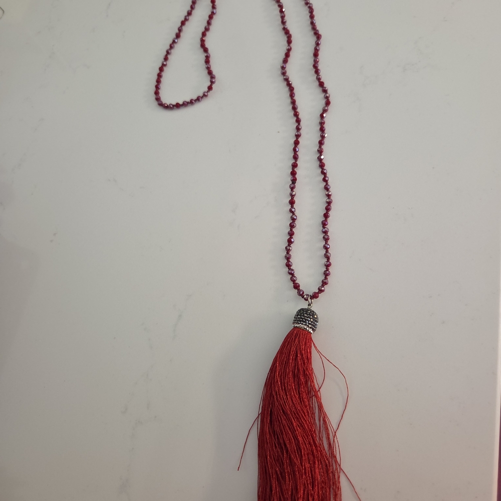 Elegant Red Beaded Tassel Necklace